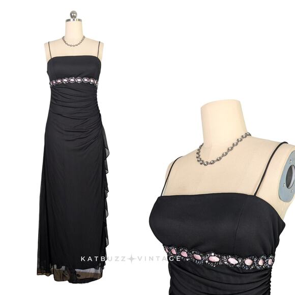 Betsy Adam Prom Dress Maxi Gown 14 Black Pink Vintage Y2K Fariy Goth Ruffle Glam - Picture 2 of 15